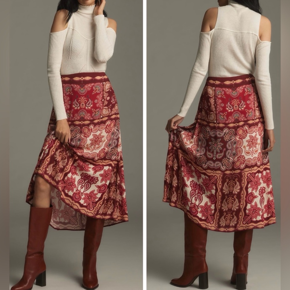 NWOT Farm Rio Satin Slip A-Line Paisley Scarf Print Midi Skirt